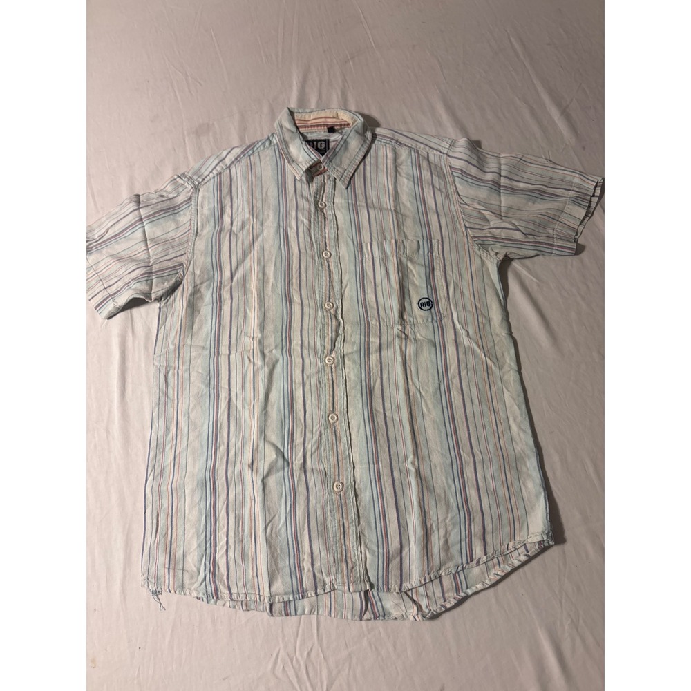 RIG Striped Button Down Shirt‎ Mens L Light Blue Short Sleeve Casual Good Pocket